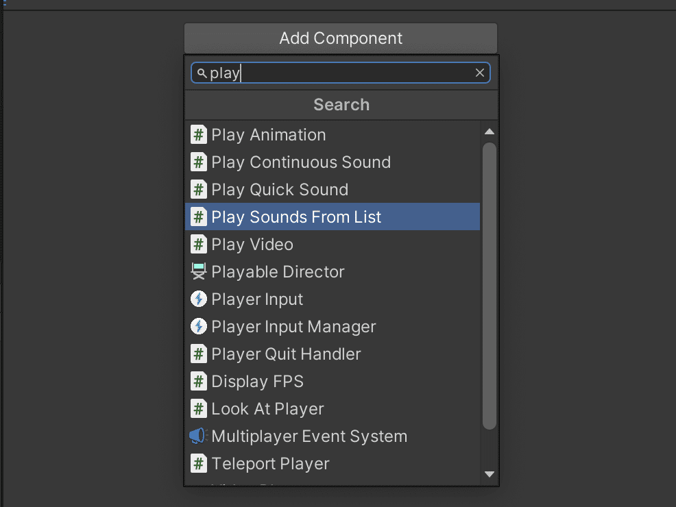 unity add component 'Play Sounds From List'