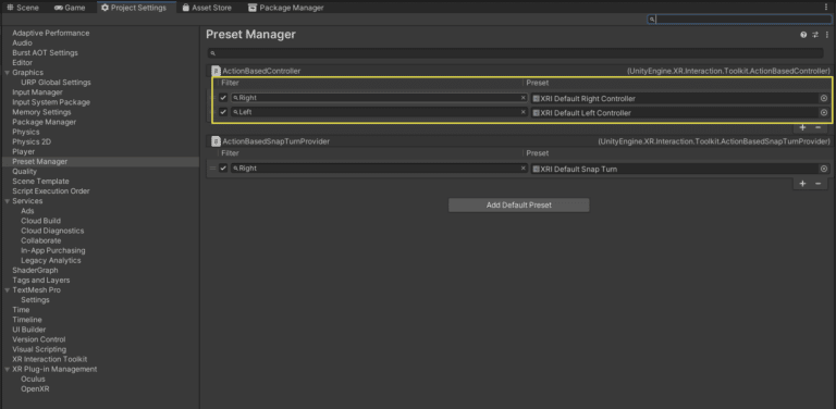 xr interaction toolkit check preset manager settings